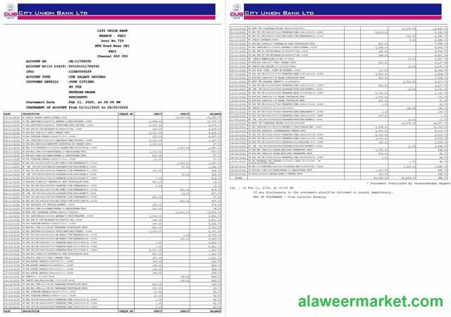 India City Union Bank statement of account Word and PDF template, 2 pages